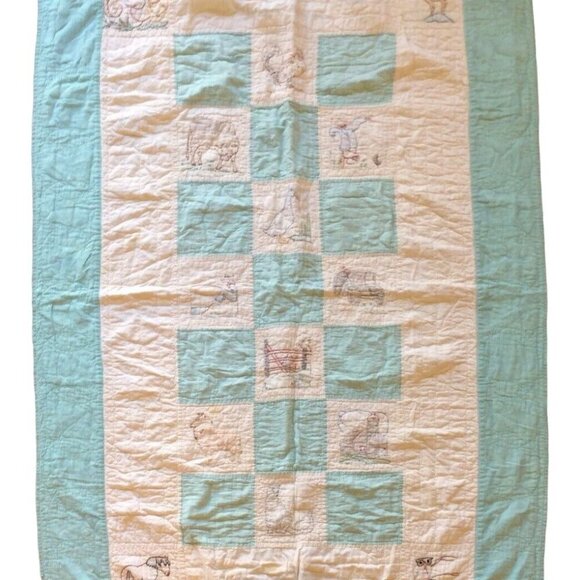 Farm Animal Cutter Quilt 46x74 Hand Embroidered Machine Stitched Tattered Cotton - Picture 1 of 12